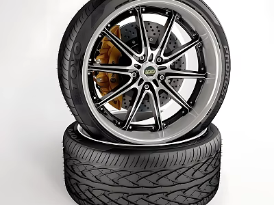 Premium Stacked Tires With Black Alloy Wheels And Gold Brake Calipers 3d model