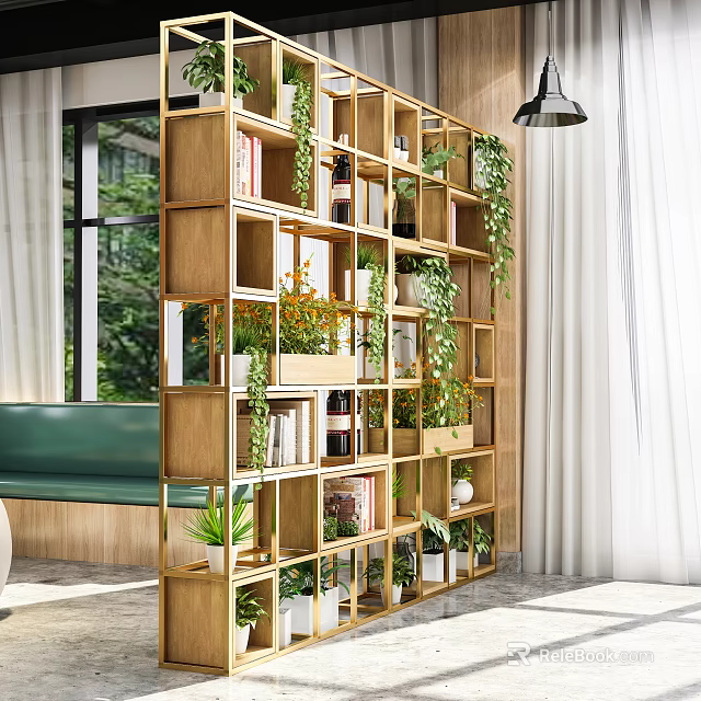 Modern Wooden Multi Compartment Shelving Unit In Bright Interior With Plants Books And Bottles 3d model 