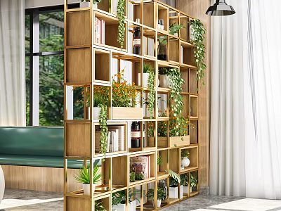 Modern Wooden Multi Compartment Shelving Unit In Bright Interior With Plants Books And Bottles 3d model