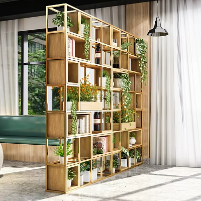 Modern Wooden Multi Compartment Shelving Unit In Bright Interior With Plants Books And Bottles 3d model