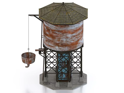 Industrial Equipment Rusty Water Tower With Metal Structure Support Hexagonal Roof And Hanging Bucket 3d model