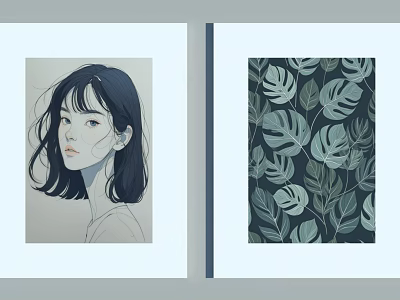 Modern Abstract Paintings With Minimalist Female Portrait And Leaf Pattern Art 3d model