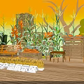 Rural Specialty Agricultural Products Exhibition Area Photo Check-in Spot with Corn Plants and Wooden Benches