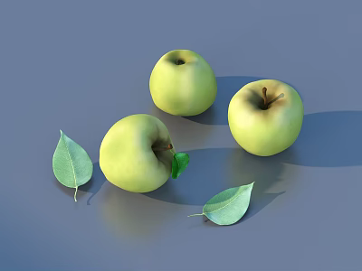 Three Fresh Green Apples With Leaves On Smooth Gray Surface 3d model