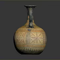Ancient Style Sculpted Earthenware Jug With Geometric Patterns Yellow Blue Hues And Curved Handle