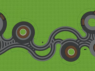 Road Infrastructure Design With Curved Paths Circular Islands And Wooden Textured Areas 3d model