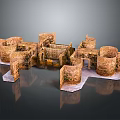 Cartoon Style Castle Building 3D Model with Stone Brick Archways and Towers