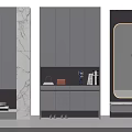 Modern Gray Shoe Cabinet With Open Shelf Storage And Decorative Items