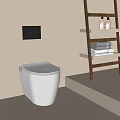 Modern White Smart Toilet With Wall Control Panel And Wooden Ladder Shelf In Bathroom
