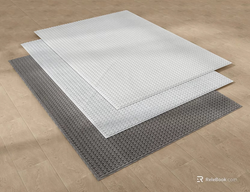Three Stacked Square Rugs in Gray and White with Woven Texture on Wooden Floor 3d model 