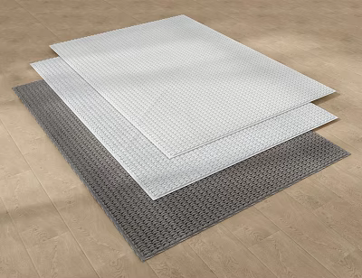 Three Stacked Square Rugs in Gray and White with Woven Texture on Wooden Floor 3d model