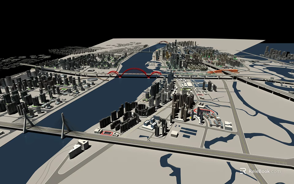 Urban Birds Eye View Planning With River Bridges High Rise Buildings And Roads 3d model 