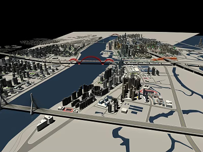 Urban Birds Eye View Planning With River Bridges High Rise Buildings And Roads 3d model