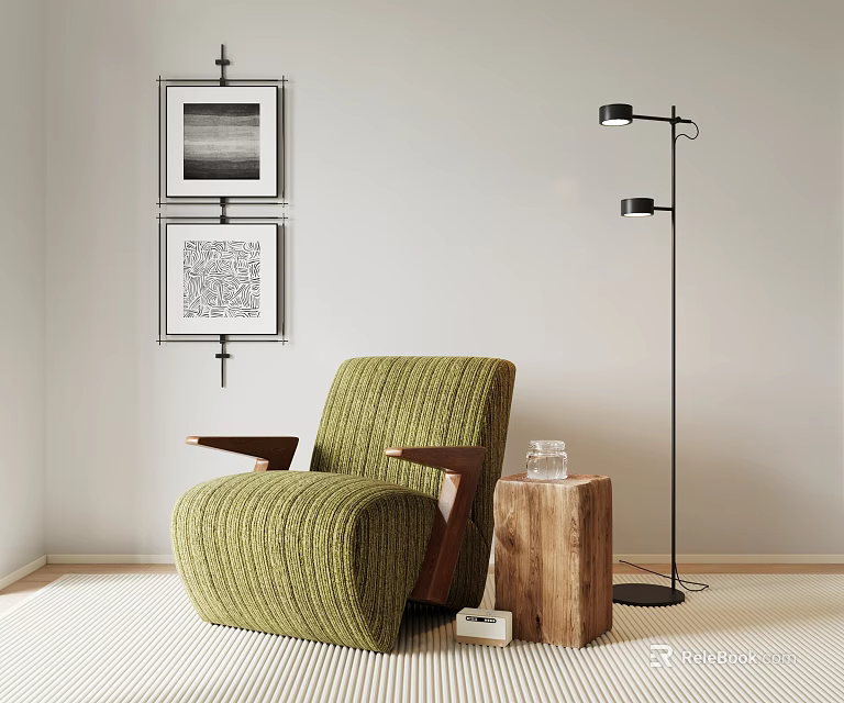Green Knitted Single Sofa With Wooden Arms And Wooden Side Table In Modern Living Room 3d model 
