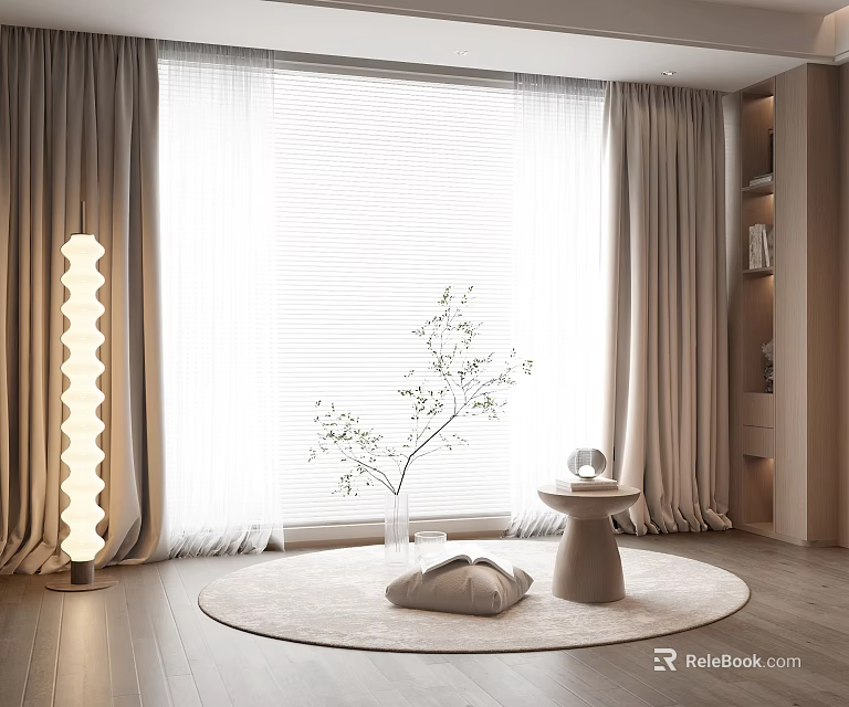 Beige Curtains and White Blinds Modern Living Room with Floor Lamp Green Plant Round Rug 3d model 