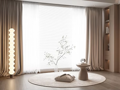 Beige Curtains and White Blinds Modern Living Room with Floor Lamp Green Plant Round Rug 3d model