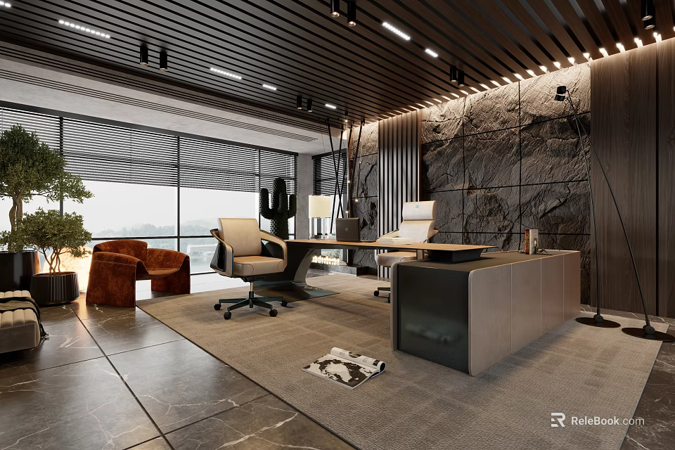 Modern Office Interior Design With Large Windows Stone Wall Desk And Office Chairs 3d model 