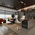 Modern Office Interior Design With Large Windows Stone Wall Desk And Office Chairs 3d model