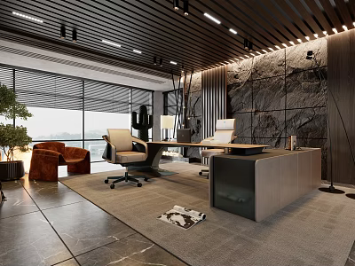 Modern Office Interior Design With Large Windows Stone Wall Desk And Office Chairs 3d model