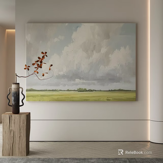 Abstract Painting With Soft Clouds Green Grassland And Ceramic Vase On Wooden Stump 3d model 