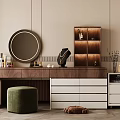 Modern Wooden Dressing Table With Round Mirror Drawers And Glass Door Cabinet
