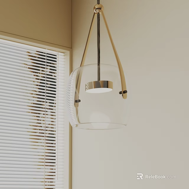 Modern Glass Pendant Light With Leather Straps And Metal Base Near White Blinds 3d model 