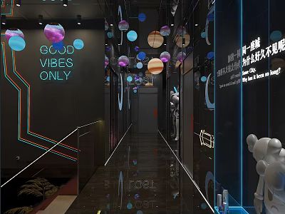 Vibrant KTV Corridor Interior With Colorful Planet Decorations Neon Lines And Good Vibes Only Sign 3d model