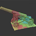 Old Fashioned Black Wheeled Cannon Weapon With Stone Base And Historical Design