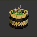 Intricate Golden Decorative Artifact With Dark Red Octagonal Base Spheres Rings And Symbols