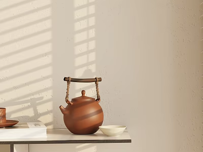 Minimalist Decorative Ornament Set With Bamboo Handle Teapot White Bowl And Light Shadow 3d model