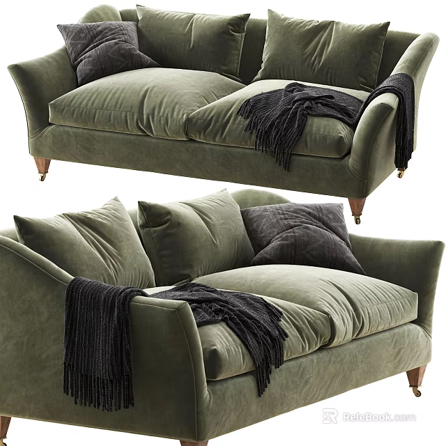 Green Velvet Two Seater Sofa with Dark Pillows and Black Throw Blanket and Wooden Legs 3d model 