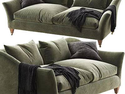 Green Velvet Two Seater Sofa with Dark Pillows and Black Throw Blanket and Wooden Legs 3d model