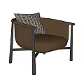 Modern Brown Leather Accent Chair With Black Metal Frame And Geometric Pattern Pillow