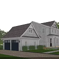 White Single Family House With Gray Roof Green Lawn And Porch Trees