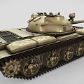 Military Tank with Long Cannon Visible Tracks and Weathered Beige Exterior