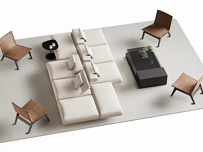 Modern Light Beige Modular Sofa Set With Brown Chairs Black Coffee Table And Rug 3d model
