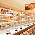 Orange Wooden Restaurant Interior With Open Counter Hanging Menu Signs Neat Dish Rack And Tables
