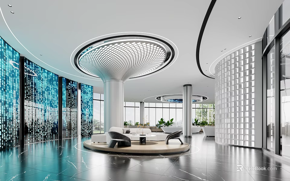 Futuristic Modern Office Reception Lobby With Unique Ceiling Lights And Comfortable Waiting Lounge Area 3d model 