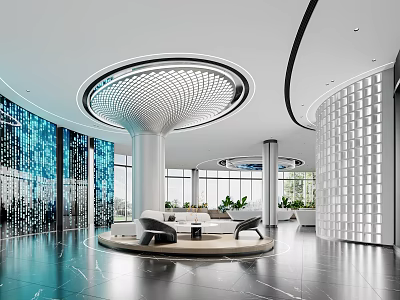 Futuristic Modern Office Reception Lobby With Unique Ceiling Lights And Comfortable Waiting Lounge Area 3d model