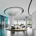 Futuristic Modern Office Reception Lobby With Unique Ceiling Lights And Comfortable Waiting Lounge Area