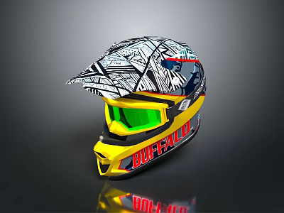 Buffalo Motorcycle Helmet With Colorful Graphics Yellow Accents And Green Visor 3d model