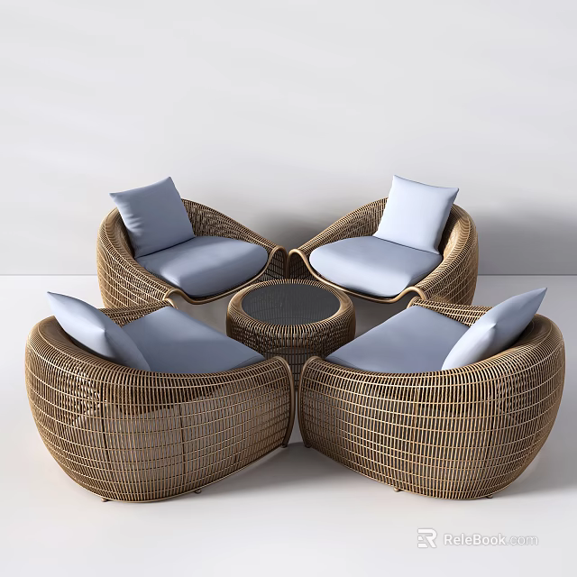 Brown Woven Rattan Outdoor Sofa with Light Blue Cushions and Round Coffee Table 3d model 