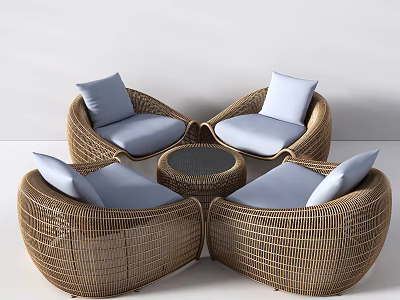 Brown Woven Rattan Outdoor Sofa with Light Blue Cushions and Round Coffee Table 3d model
