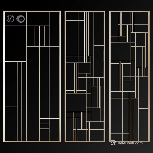Modern Black and Gold Geometric Wall Decor With Abstract Line Patterns 3d model 