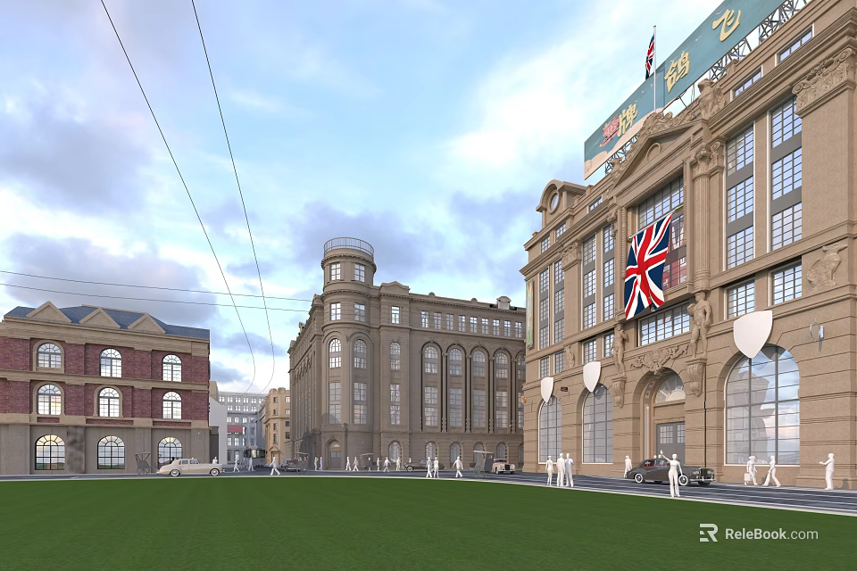 Historic Commercial Street Featuring Classic Buildings Union Jack Flag Green Lawn And Pedestrians 3d model 