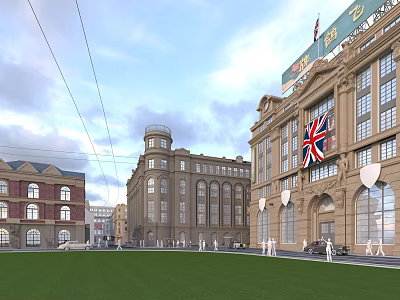 Historic Commercial Street Featuring Classic Buildings Union Jack Flag Green Lawn And Pedestrians 3d model
