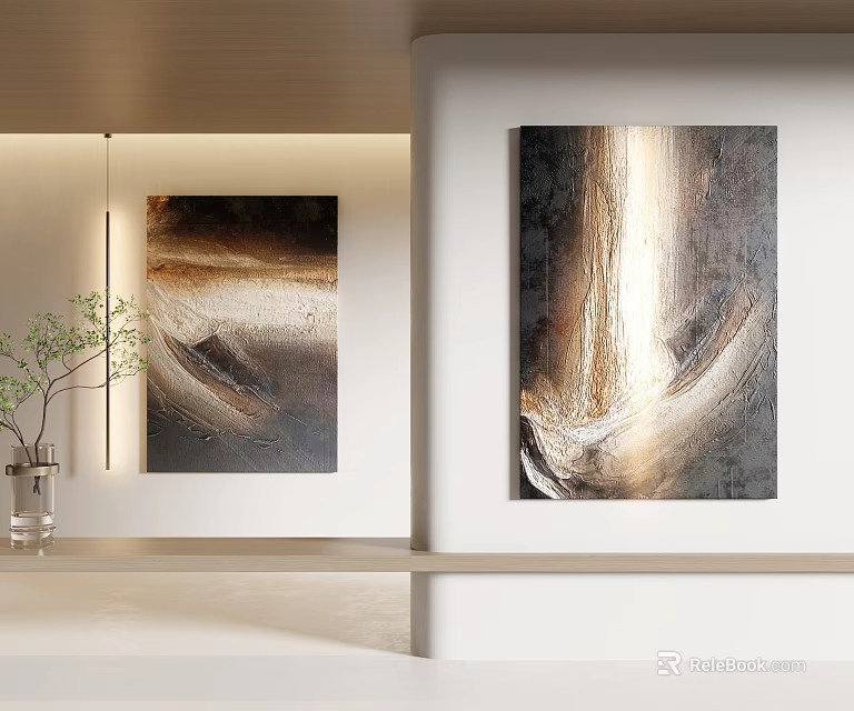 Modern Luxury Living Room With Abstract Textured Decorative Wall Paintings 3d model 
