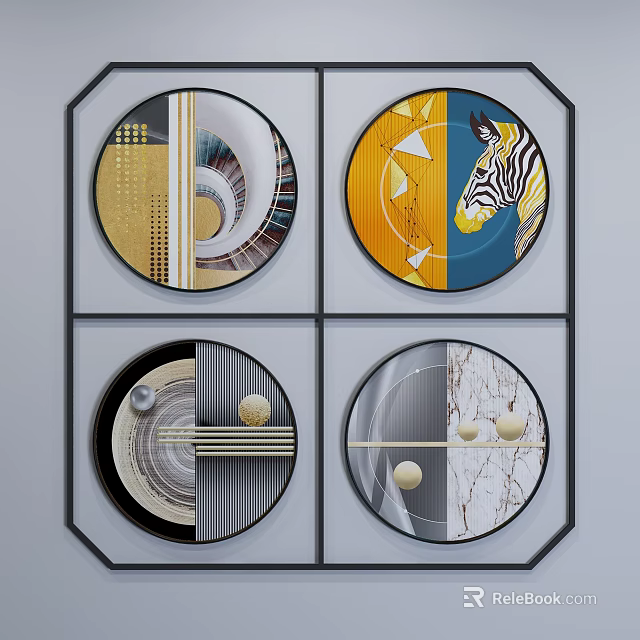Modern Wall Art With Octagonal Frames Circular Designs Geometric Patterns And Zebra Head 3d model