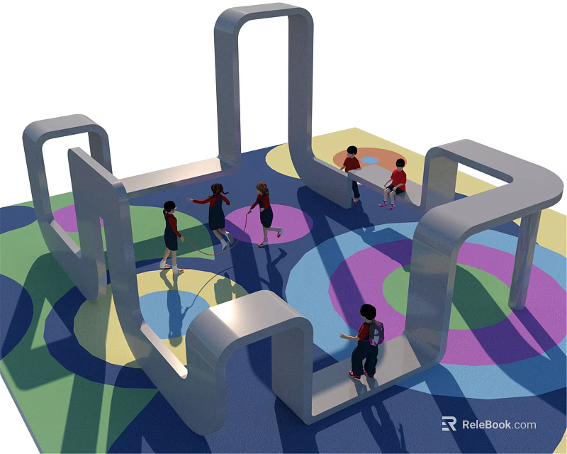 Children's Play Area With Colorful Floor Curved Structures And Kids Playing 3d model 