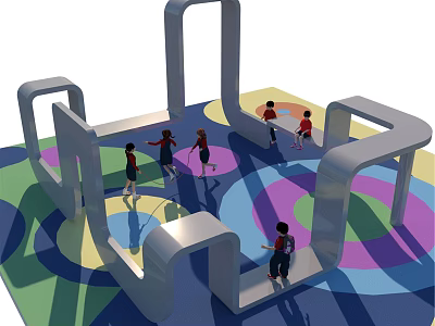 Children's Play Area With Colorful Floor Curved Structures And Kids Playing 3d model